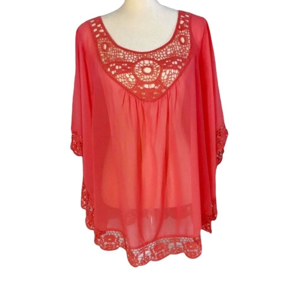 Women’s Blouse Top Sheers With Lace Tunic Size L Coral color Romeo & Juliet - Picture 3 of 13